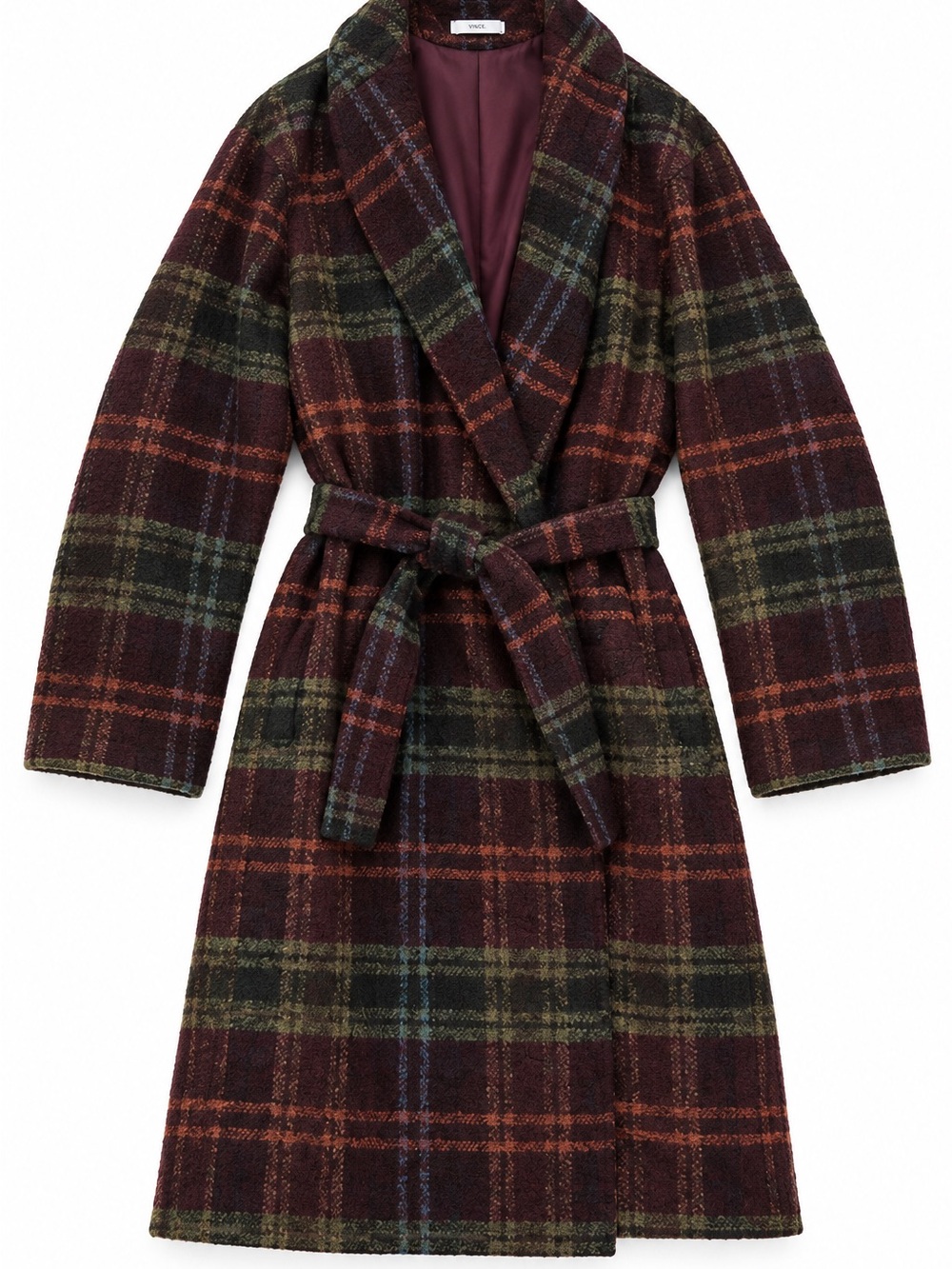 6397 Belted Shawl-Collar Plaid Trench Coat in Burgundy Plaid size L
